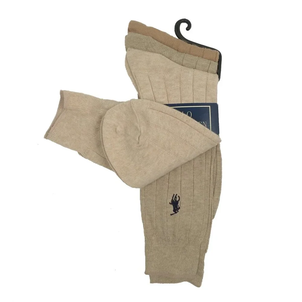 New Polo Ralph Lauren 3 Pair Set of Dress Socks!  Tan  Taupe  Ribbed  USA Made